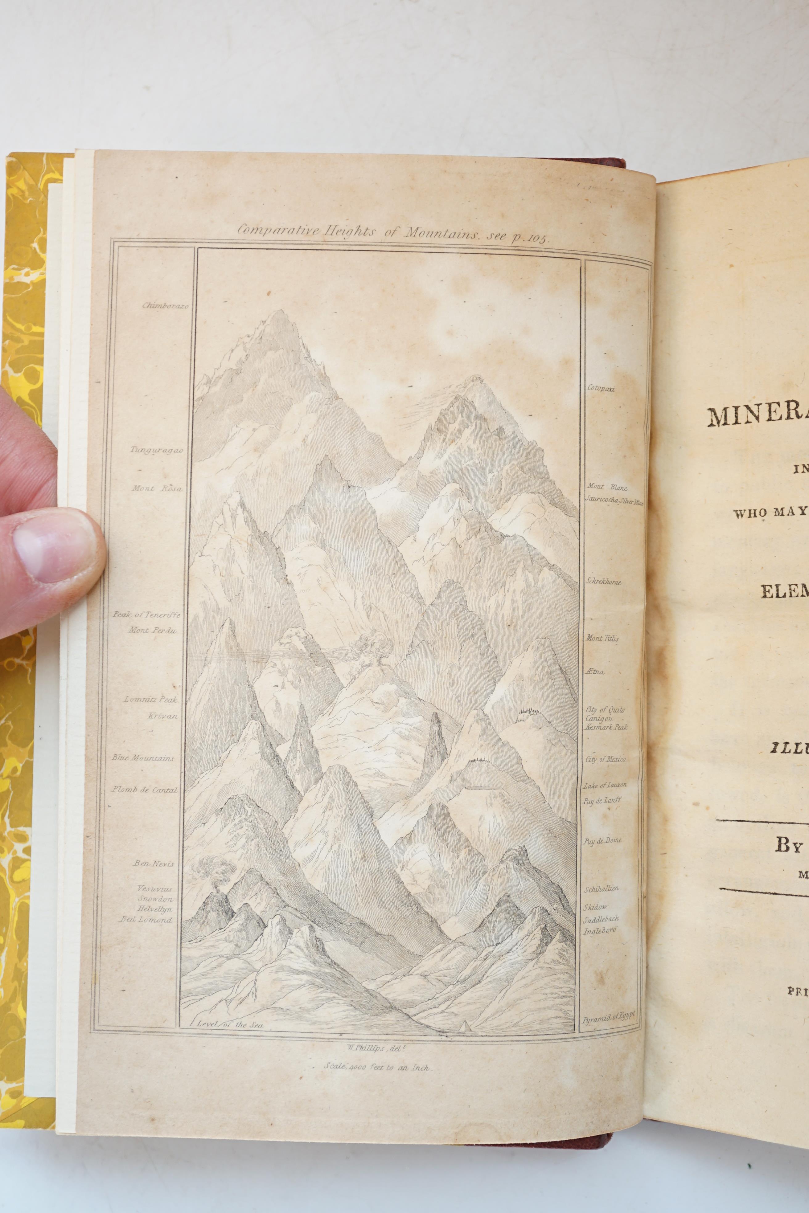 Phillips, William - An Outline of Mineralogy and Geology, 1st edition, authors presentation copy, 4 plates, including 2 hand-coloured, 8vo, rebound quarter morocco, spine gilt in compartments, rubbed, 8vo, London, 1815.